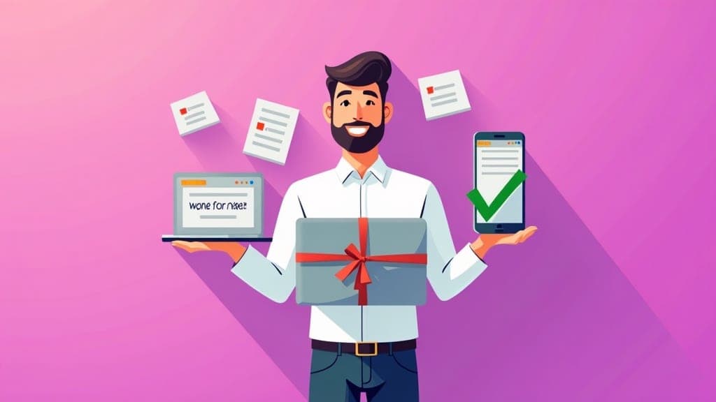 Business owner reviewing a done-for-you website on laptop and phone