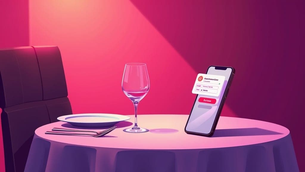 Restaurant table set for dinner service, phone showing online booking