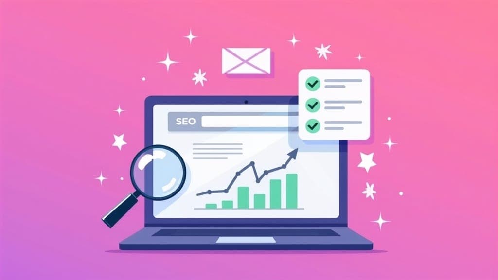 UK small business owner reviewing SEO checklist on laptop